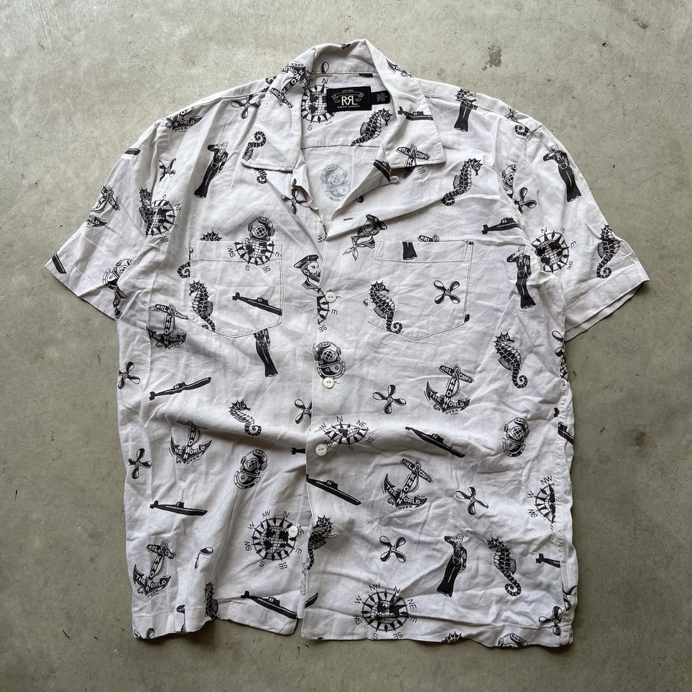 RRL Double RL Linen Camp Shirt Size M Loop Collar Nautical White AOP Graphic